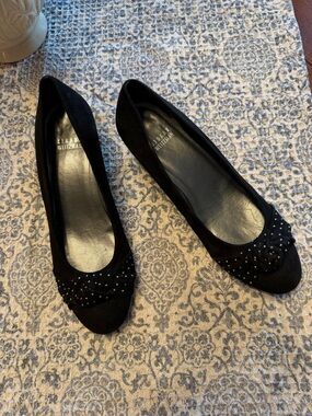 Stuart Weitzman Black Suede Studded Wedge Heels